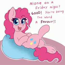 Size: 3000x3000 | Tagged: safe, artist:pegamutt, derpibooru import, pinkie pie, earth pony, pony, eqg summertime shorts, equestria girls, alone on a friday night? god you're pathetic, coronavirus, covid-19, cute, diapinkes, looking at you, on back, open mouth, quarantine, social distancing, solo, subverted meme, talking to viewer, text, underhoof