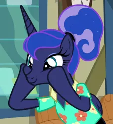 Size: 520x570 | Tagged: safe, derpibooru import, screencap, princess luna, alicorn, pony, between dark and dawn, alternate hairstyle, cheek squish, clothes, cropped, cute, female, folded wings, hair bun, hawaiian shirt, lunabetes, mare, post office, shirt, smiling, solo, squishy cheeks, that pony sure does love the post office, vacation, wings