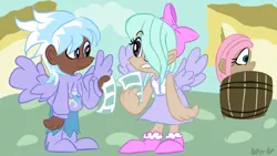 Size: 800x450 | Tagged: artist:mirabuncupcakes15, barrel, boots, bow, clothes, cloudchaser, dark skin, derpibooru import, dress, female, flitter, fluttershy, flyer, hair bow, hair over one eye, hoodie, human, humanized, jeans, pants, safe, scene interpretation, shoes, siblings, sisters, torn clothes, twins, winged humanization, wings