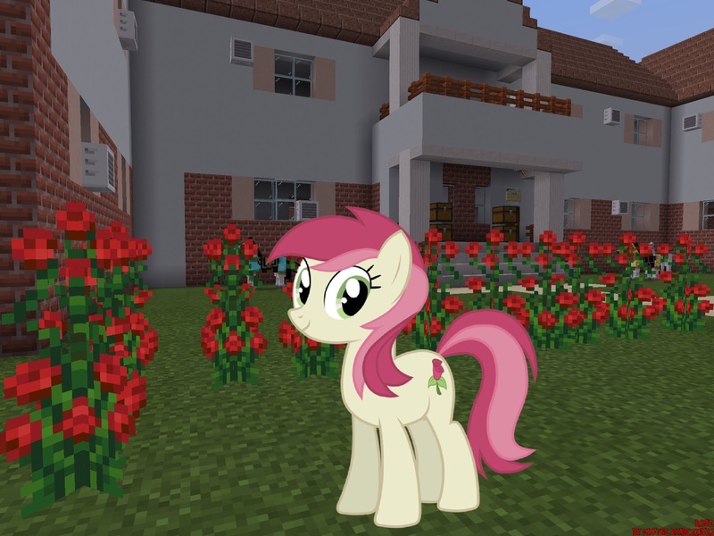 Size: 2048x1536 | Tagged: safe, artist:eugenebrony, artist:topsangtheman, derpibooru import, roseluck, earth pony, pony, garden, house, looking at you, minecraft, photoshopped into minecraft, rose bush