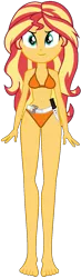 Size: 447x1534 | Tagged: suggestive, artist:invisibleink, artist:marcusvanngriffin, deleted from derpibooru, derpibooru import, edit, sunset shimmer, equestria girls, barefoot, belly button, belt, bikini, bond girl, breasts, clothes, die another day, feet, female, james bond, jinx johnson, knife, looking at you, sexy, simple background, solo, swimsuit, transparent background, vector, weapon