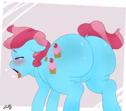 Size: 1280x1130 | Tagged: suggestive, artist:zoarity, derpibooru import, cup cake, earth pony, pony, blushing, butt, dock, female, plot, plump, presenting, simple background, solo, solo female, thick cup cake, tongue out