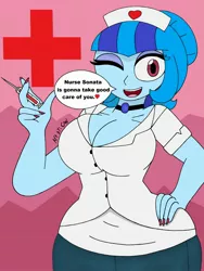 Size: 1932x2576 | Tagged: safe, artist:c_w, derpibooru import, sonata dusk, equestria girls, big breasts, breasts, busty sonata dusk, cleavage, eyelashes, eyeshadow, hair bun, hand on hip, jewelry, looking at you, makeup, nail polish, nails, nurse, one eye closed, pendant, plump, smiling, syringe, thighs, wink, winking at you