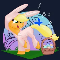 Size: 1280x1280 | Tagged: safe, artist:cadetredshirt, derpibooru import, applejack, butterfly, earth pony, pony, animal costume, basket, bunny costume, bunny ears, clothes, commission, costume, digital art, easter, easter basket, easter bunny, freckles, holiday, missing accessory, music notes, simple background, smiling, solo, walking, ych result