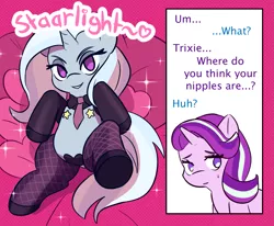 Size: 1431x1181 | Tagged: suggestive, artist:burgeroise, derpibooru import, starlight glimmer, trixie, pony, unicorn, blushing, clothes, female, implied crotchboobs, lesbian, lidded eyes, pasties, shipping, socks, startrix, stockings, stupid sexy trixie, sweat, thigh highs