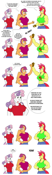 Size: 1280x4264 | Tagged: safe, artist:matchstickman, derpibooru import, apple bloom, scootaloo, sweetie belle, anthro, earth pony, pegasus, unicorn, tumblr:where the apple blossoms, abs, apple brawn, biceps, breasts, busty apple bloom, busty scootaloo, busty sweetie belle, clothes, comic, cutie mark crusaders, deltoids, dialogue, female, fingerless gloves, fist bump, gloves, mare, matchstickman's apple brawn series, muscles, muscular female, older, older apple bloom, older scootaloo, older sweetie belle, one eye closed, shirt, simple background, speech bubble, trio, tumblr comic, white background, wink