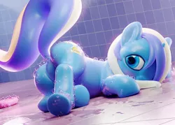 Size: 2100x1500 | Tagged: suggestive, artist:mortarroad, derpibooru import, minuette, pony, unicorn, 3d, bathroom, blender, blender cycles, blushing, bubble, butt, cute, dock, face down ass up, featureless crotch, female, looking at you, looking back, looking back at you, mare, one eye closed, plot, presenting, prone, raised tail, rant in the description, rear view, soap, soap bar, soap bubble, solo, solo female, tail, tile, underhoof, wet floor, wink