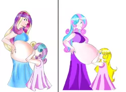 Size: 1212x888 | Tagged: age progression, artist:bunnyviolet218, belly, big belly, child, derpibooru import, female, huge belly, human, humanized, impossibly large belly, mama cadence, mama flurry, mother and child, mother and daughter, multiple pregnancy, oc, offspring, offspring's offspring, parent:oc:shimmering glow, parent:princess flurry heart, parents:canon x oc, pregnant, princess cadance, princess flurry heart, safe
