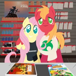 Size: 2160x2160 | Tagged: safe, anonymous artist, derpibooru import, big macintosh, fluttershy, earth pony, pegasus, pony, series:fm holidays, animal crossing, animal crossing: new horizons, clothes, doom, doom eternal, female, fluttermac, gamestop, hoof on shoulder, lineless, looking at you, male, meme, no pupils, ponified meme, shipping, shirt, straight, t-shirt