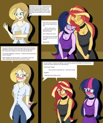 Size: 4500x5347 | Tagged: suggestive, artist:diaperednight, derpibooru import, sci-twi, sunset shimmer, twilight sparkle, oc, oc:mellow sky, comic:midnight's pet, equestria girls, blushing, breasts, clothes, collar, comic, cyoa, dialogue, diaper, diaper fetish, diaper under clothes, dress, female, fetish, story in the source, wristband