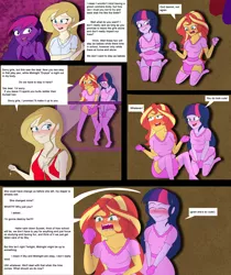 Size: 4500x5347 | Tagged: suggestive, artist:diaperednight, derpibooru import, sci-twi, sunset shimmer, twilight sparkle, oc, oc:mellow sky, comic:midnight's pet, equestria girls, abdl, angry, baby clothes, blushing, breasts, clothes, comic, cyoa, dialogue, diaper, diaper fetish, dress, eyes closed, female, fetish, key, midnight sparkle, mittens, playpen, skirt, smiling, socks, story in the source, sweat, sweatdrop