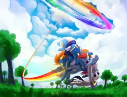 Size: 6000x4588 | Tagged: safe, artist:dimfann, derpibooru import, part of a set, misty fly, rainbow dash, rarity, soarin', spitfire, pegasus, pony, unicorn, series:pony re-watch, sonic rainboom (episode), absurd resolution, clothes, cloud, eyes closed, female, floppy ears, flying, goggles, image, looking at something, looking up, male, mare, passed out, png, rainbow trail, scene interpretation, sonic rainboom, stallion, tree, underhoof, uniform, wonderbolts, wonderbolts uniform