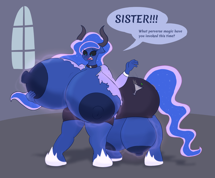 Size: 2633x2185 | Tagged: alcohol, anthro, anthro centaur, areola, artist:comfyplum, big areola, big breasts, big crotchboobs, big nipples, black sclera, breast expansion, breasts, busty princess luna, centaur, centaurified, choker, clothes, commission, crotchboob expansion, crotchboobs, crotchboobs plus chestboobs, dark areola, derpibooru import, dialogue, experiment, female, fetish, growth, growth spell, horns, huge breasts, huge crotchboobs, hyper, hyper breasts, implied princess celestia, impossibly large areola, impossibly large breasts, impossibly large crotchboobs, impossibly large nipples, martini, martini glass, multiboob, nipples, nudity, offscreen character, olive, open mouth, princess luna, questionable, series:creature-verse, shoes, solo, solo female, species swap, wardrobe malfunction