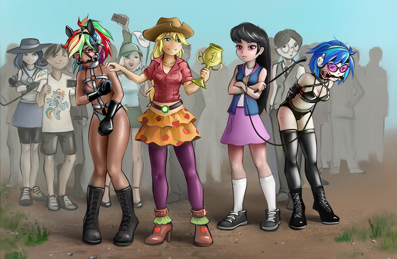 Size: 1658x1080 | Tagged: suggestive, artist:vyazinrei, derpibooru import, applejack, octavia melody, rainbow dash, rarity, vinyl scratch, equestria girls, appledom, arm behind back, armbinder, bdsm, bit gag, black underwear, blinders, bondage, boots, breasts, cheering, cleavage, clothes, collar, competition, covering, dashsub, domtavia, drool, embarrassed, embarrassed underwear exposure, female, femsub, frown, gag, harness, headphones, hoof gloves, human coloration, latex, leash, lesbian, medal, offscreen character, pony ears, pony play, riding crop, scratchtavia, shipping, shoes, smiling, socks, submissive, sunglasses, tack, thigh highs, trophy, underwear, vinylsub