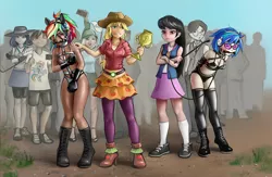 Size: 1658x1080 | Tagged: suggestive, artist:vyazinrei, derpibooru import, applejack, octavia melody, rainbow dash, rarity, vinyl scratch, equestria girls, appledom, arm behind back, armbinder, bdsm, bit gag, black underwear, blinders, bondage, boots, breasts, cheering, cleavage, clothes, collar, competition, covering, dashsub, domtavia, drool, embarrassed, embarrassed underwear exposure, female, femsub, frown, gag, harness, headphones, hoof gloves, human coloration, latex, leash, lesbian, medal, offscreen character, pony ears, pony play, riding crop, scratchtavia, shipping, shoes, smiling, socks, submissive, sunglasses, tack, thigh highs, trophy, underwear, vinylsub
