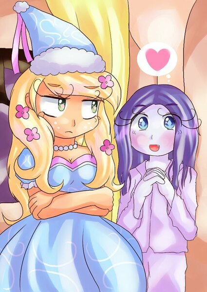 Size: 724x1023 | Tagged: safe, artist:araiiara123, derpibooru import, applejack, rarity, equestria girls, look before you sleep, equestria girls interpretation, froufrou glittery lacy outfit, scene interpretation