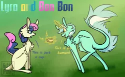 Size: 1742x1080 | Tagged: alternate design, artist:sunnypaw121, bon bon, cat, catified, cup, derpibooru import, horn, levitation, lyra heartstrings, magic, safe, species swap, sweetie drops, teacup, telekinesis