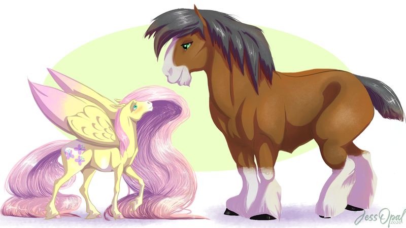 Size: 1920x1080 | Tagged: safe, artist:jessopal, derpibooru import, fluttershy, trouble shoes, earth pony, pegasus, pony, colored wings, colored wingtips, crack shipping, eye contact, female, hoers, large wings, long mane, looking at each other, male, mare, missing cutie mark, shipping, size difference, stallion, straight, troubleshy, unshorn fetlocks, wings