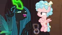 Size: 1920x1080 | Tagged: safe, derpibooru import, screencap, cozy glow, queen chrysalis, changeling, changeling queen, pegasus, pony, the summer sun setback, crossed arms, duo, female, filly, flying, foal, glowing horn, horn, open mouth, raised hoof