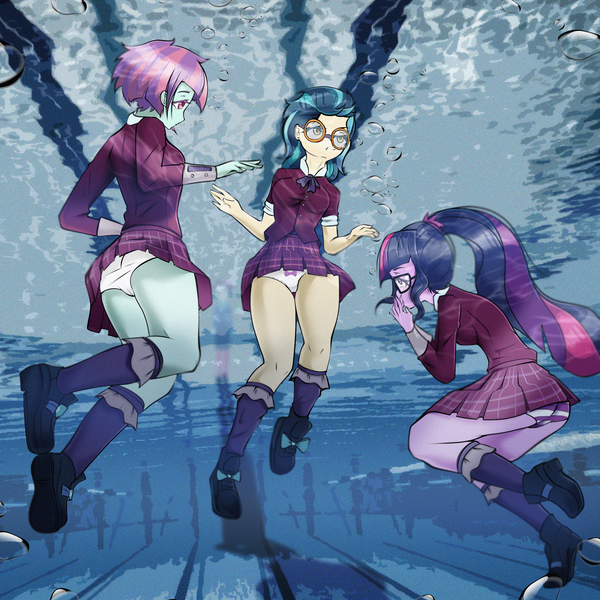 Size: 3000x2999 | Tagged: suggestive, artist:kamushek228, derpibooru import, indigo zap, sci-twi, sunny flare, twilight sparkle, equestria girls, friendship games, ass, breasts, butt, clothes, crystal prep academy uniform, female, glasses, kneesocks, legs, panties, plaid skirt, pleated skirt, ponytail, ribbon, school uniform, shoes, skirt, socks, striped underwear, sunny flank, sunny flare's wrist devices, swimming pool, thighs, trio, trio female, twibutt, underwater, underwear, upskirt, white underwear