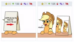 Size: 1034x587 | Tagged: safe, artist:mkogwheel, derpibooru import, edit, applejack, earth pony, pony, derpibooru, applejack's sign, cute, dawwww, droste effect, female, howdy, jackabetes, juxtaposition, juxtaposition win, leaning, looking up, mare, meme, meta, open mouth, parody, recursion, sign, silly, silly pony, simple background, smiling, solo, table, weapons-grade cute, white background, who's a silly pony