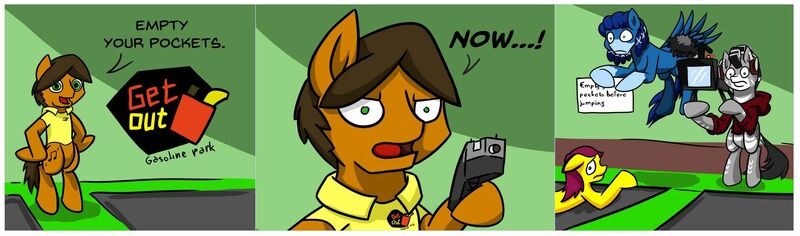 Size: 1920x567 | Tagged: safe, artist:ebbysharp, artist:khaki-cap, derpibooru import, oc, oc:ebbysharp, earth pony, pegasus, zebra, camera, comic, digital, earth pony oc, funny, get out gasoline park, gun, recording, threatening, trampoline, weapon