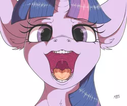 Size: 4000x3334 | Tagged: suggestive, artist:azerta56, derpibooru import, twilight sparkle, twilight sparkle (alicorn), alicorn, pony, unicorn, esophagus, female, gullet, horn, imminent vore, looking at you, maw, mawshot, offscreen character, open mouth, oral invitation, pov, salivating, simple background, slimy, solo, solo female, taste buds, twipred, uvula, white background
