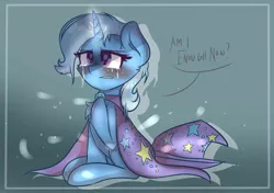 Size: 1536x1080 | Tagged: safe, artist:justkattyo, derpibooru import, trixie, pony, unicorn, blushing, cape, clothes, crying, dialogue, female, hat, hoof on chest, horn, magic, mare, sitting, solo, trixie's cape, trixie's hat