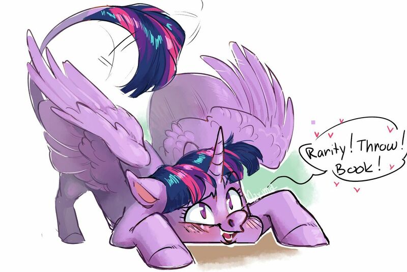 Size: 1280x854 | Tagged: safe, artist:maxiima, derpibooru import, rarity, twilight sparkle, twilight sparkle (alicorn), alicorn, pony, werewolf, behaving like a dog, blushing, book, bookhorse, crouching, dialogue, fangs, female, heart, leonine tail, lesbian, majestic as fuck, offscreen character, rarilight, shipping, silly, silly pony, simple background, solo, story included, tail wag, that pony sure does love books, white background