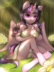 Size: 1500x1998 | Tagged: alicorn, anthro, artist:loxy, beautiful, breasts, cleavage, clothes, commission, crepuscular rays, dappled sunlight, derpibooru import, dress, female, flower, forest, panties, sitting, skirt, solo, solo female, suggestive, sunlight, tree, twilight sparkle, twilight sparkle (alicorn), underwear, unguligrade anthro, upskirt, wings, ych result, yellow underwear