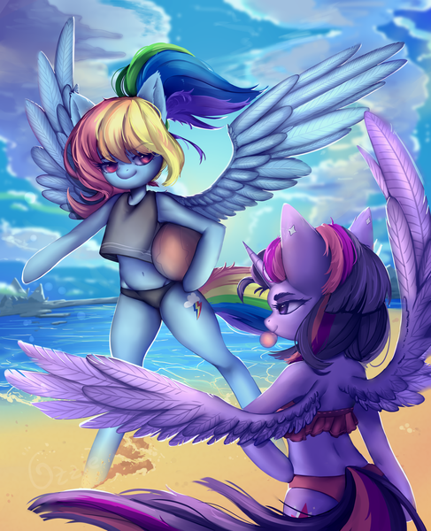 Size: 1920x2366 | Tagged: alicorn, alternate hairstyle, arm hooves, artist:cosyosy, beach, beach ball, belly button, bikini, bubblegum, clothes, cloud, derpibooru import, duo, ear piercing, earring, female, food, gum, jewelry, mare, midriff, ocean, pegasus, piercing, pigtails, ponytail, rainbow dash, safe, sand, semi-anthro, summer, swimsuit, tankini, twilight sparkle, twilight sparkle (alicorn), water