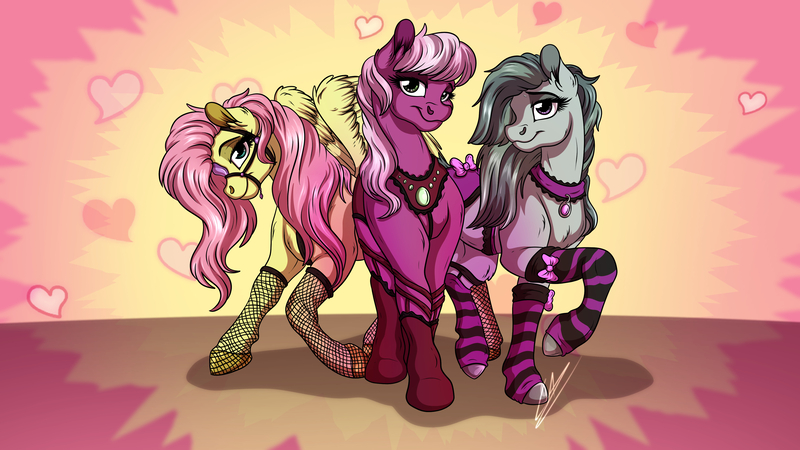 Size: 3840x2160 | Tagged: suggestive, artist:lupiarts, derpibooru import, cheerilee, fluttershy, marble pie, earth pony, pegasus, pony, bridle, choker, clothes, commission, digital art, female, fishnets, flirting, flirty, garters, leg warmers, lingerie, looking at you, mare, saddle, seductive, seductive look, seductive pose, sexy, socks, stockings, striped socks, tack, thigh highs