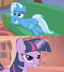 Size: 1280x1440 | Tagged: safe, derpibooru import, edit, screencap, trixie, twilight sparkle, pony, unicorn, boast busters, road to friendship, draw me like one of your french girls, female, golden oaks library, lesbian, shipping, shipping domino, twixie, unicorn twilight