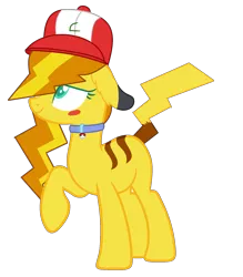 Size: 1605x1833 | Tagged: safe, artist:celestial-rue0w0, artist:pegasski, derpibooru import, oc, oc:pika sparks, unofficial characters only, pikachu, poképony, pony, base used, baseball cap, blushing, cap, collar, commission, female, hair over one eye, hat, mare, pokémon, ponychu, raised hoof, simple background, solo, transparent background