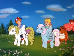 Size: 512x388 | Tagged: safe, derpibooru import, screencap, danny williams, megan williams, surprise, wind whistler, human, pegasus, pony, rat, my little pony 'n friends, the great rainbow caper, bow, drudge, g1, tail bow