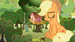 Size: 5000x2813 | Tagged: safe, artist:dipi11, artist:estories, artist:jerryakiraclassics19, derpibooru import, applejack, earth pony, pony, apple, apple tree, clubhouse, cowboy hat, crusaders clubhouse, eyes closed, female, food, freckles, giant pony, giantess, hat, macro, mare, resting, sitting, sleeping, stetson, tree, tree stump