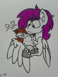 Size: 1932x2576 | Tagged: artist:drheartdoodles, bust, clydesdale, derpibooru import, hug, oc, oc:dr.heart, oc:vince, pegasus, portrait, safe, size difference, smiling, traditional art, unofficial characters only, winghug