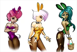 Size: 887x601 | Tagged: suggestive, artist:ltrm35a2, derpibooru import, gilda, queen chrysalis, tempest shadow, human, breasts, bunny suit, busty gilda, busty queen chrysalis, busty tempest shadow, clothes, cuffs (clothes), ears, easter egg, eye scar, female, humanized, reversalis, scar, simple background, white background
