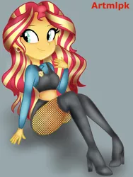 Size: 1536x2048 | Tagged: safe, artist:artmlpk, derpibooru import, sunset shimmer, equestria girls, adorkable, badge, blushing, boots, clothes, costume, cute, digital art, dork, ear piercing, earring, female, fishnets, high heel boots, jewelry, looking over shoulder, midriff, miniskirt, piercing, police, police officer, police uniform, redraw, redrawn, shimmerbetes, shoes, sitting, skirt, socks, solo, thigh boots, thigh highs, thighs