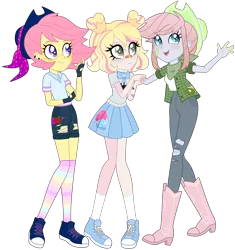 Size: 9401x10000 | Tagged: safe, artist:magicdarkart, derpibooru import, oc, oc:breezy kiwi, oc:shiny apple (ice1517), oc:soda frosting, unofficial characters only, equestria girls, absurd resolution, bandaid, bandana, blushing, boots, bowtie, clothes, commission, converse, cowboy boots, cowboy hat, ear piercing, earring, equestria girls-ified, female, fingerless gloves, flannel, freckles, gloves, hat, jeans, jewelry, open mouth, pants, piercing, rainbow socks, shirt, shoes, shorts, simple background, skirt, socks, striped socks, torn clothes, transparent background