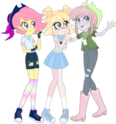 Size: 9401x10000 | Tagged: safe, alternate version, artist:magicdarkart, derpibooru import, oc, oc:breezy kiwi, oc:shiny apple (ice1517), oc:soda frosting, unofficial characters only, equestria girls, absurd resolution, bandaid, bandana, blushing, boots, bowtie, clothes, commission, converse, cowboy boots, cowboy hat, ear piercing, earring, equestria girls-ified, female, fingerless gloves, flannel, freckles, gloves, hat, jeans, jewelry, open mouth, pants, piercing, rainbow socks, shirt, shoes, shorts, simple background, skirt, socks, striped socks, torn clothes, transparent background