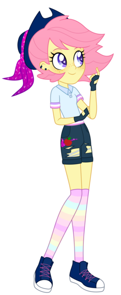 Size: 6173x15000 | Tagged: safe, artist:magicdarkart, derpibooru import, oc, oc:shiny apple (ice1517), unofficial characters only, equestria girls, absurd resolution, blushing, clothes, commission, converse, cowboy hat, ear piercing, earring, equestria girls-ified, female, fingerless gloves, freckles, gloves, hat, jewelry, piercing, rainbow socks, shirt, shoes, shorts, simple background, socks, solo, striped socks, torn clothes, transparent background