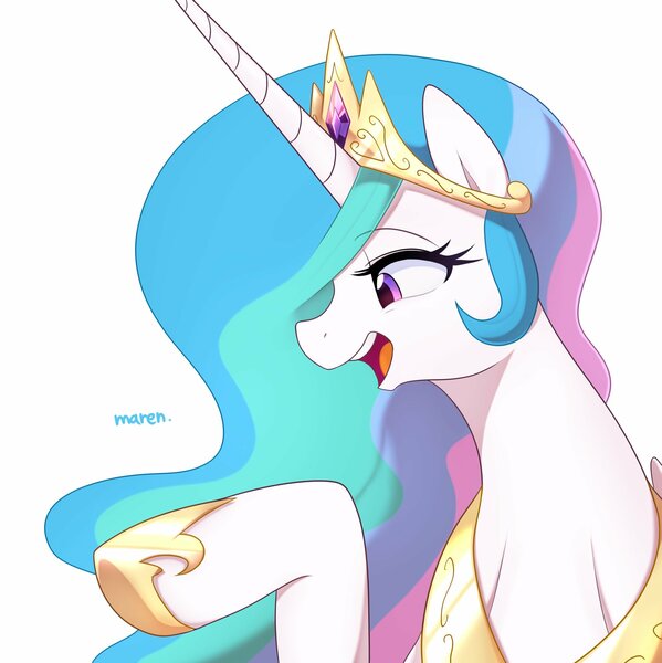 Size: 2043x2048 | Tagged: safe, alternate version, artist:maren, derpibooru import, princess celestia, alicorn, pony, bust, female, high res, hoof shoes, jewelry, lidded eyes, mare, open mouth, peytral, portrait, profile, raised hoof, regalia, simple background, smiling, solo, white background