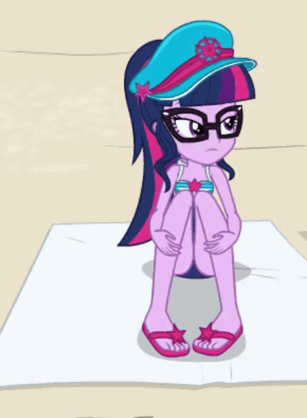 Size: 713x971 | Tagged: safe, derpibooru import, screencap, sci-twi, twilight sparkle, equestria girls, equestria girls series, forgotten friendship, adorasexy, animated, beach, beach towel, clothes, cropped, cute, feet, flip-flops, gif, glasses, hat, legs, ponytail, sandals, sexy, solo, swimsuit