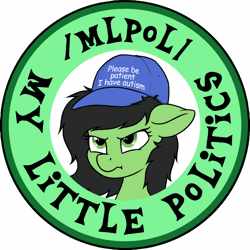 Size: 1024x1024 | Tagged: safe, artist:anonymous, artist:smoldix, derpibooru import, edit, oc, oc:anonfilly, pony, /mlpol/, animated, autism, female, filly, hat, insignia, logo, meme, please be patient i have autism, police, scrunchy face, unhappy