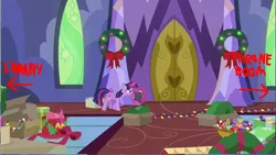 Size: 1285x725 | Tagged: safe, derpibooru import, edit, edited screencap, screencap, twilight sparkle, twilight sparkle (alicorn), alicorn, pony, best gift ever, book, box, candy, candy cane, christmas wreath, food, main hall, ornament, solo, twilight's castle, wreath