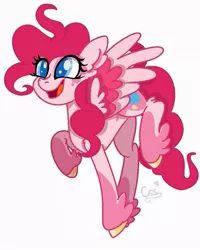 Size: 723x904 | Tagged: safe, artist:crazy spring surprise, derpibooru import, pinkie pie, pegasus, pony, leak, spoiler:g5, cute, diapinkes, female, g5, happy, hooves, mare, pegasus pinkie pie, pinkie pie (g5), race swap, raised hoof, redesign, simple background, smiling, solo, spread wings, white background, wings