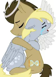 Size: 708x986 | Tagged: safe, artist:cococandy2007, derpibooru import, derpy hooves, doctor whooves, time turner, earth pony, pegasus, pony, angel, crying, doctorderpy, eyes closed, feels, female, halo, hug, implied death, male, mare, open mouth, sad, shipping, simple background, sitting, stallion, straight, white background