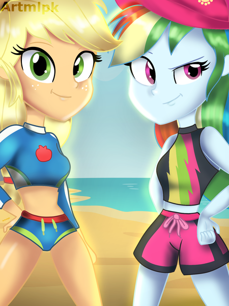 Size: 1536x2048 | Tagged: safe, artist:artmlpk, derpibooru import, applejack, rainbow dash, equestria girls, equestria girls series, beach, beautiful, bikini, clothes, cute, dashabetes, digital art, dork, duo, duo female, female, jackabetes, looking at you, outfit, smiling, smiling at you, swimsuit