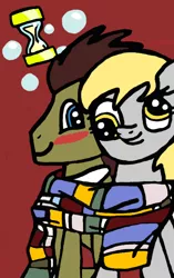 Size: 642x1024 | Tagged: safe, artist:cococandy2007, derpibooru import, derpy hooves, doctor whooves, time turner, earth pony, pegasus, pony, blushing, clothes, cute, doctorderpy, female, fourth doctor's scarf, male, mare, red background, scarf, shared clothing, shared scarf, shipping, shirt, simple background, stallion, straight, suit